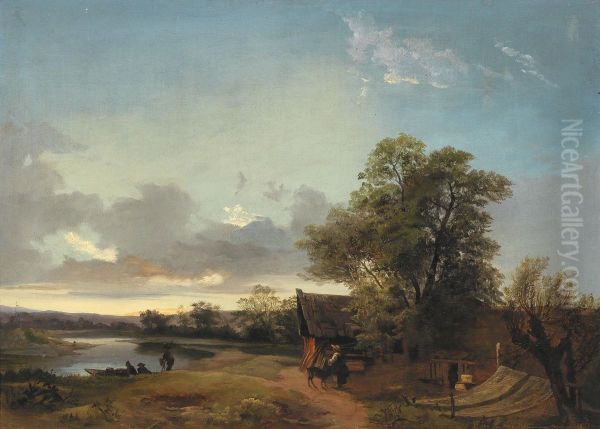 River Landscape In The Evening Light With Decorative Figures - view 1