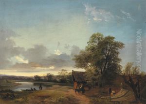 River Landscape In The Evening Light With Decorative Figures