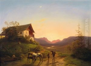 Abendstimmung Vor Weiter Landschaft Mit Pferden