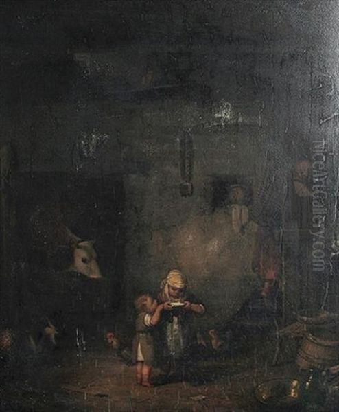 A Barn Interior With Children Drinking Milk From A Bowl - view 1