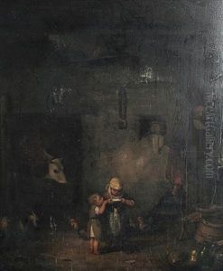 A Barn Interior With Children Drinking Milk From A Bowl