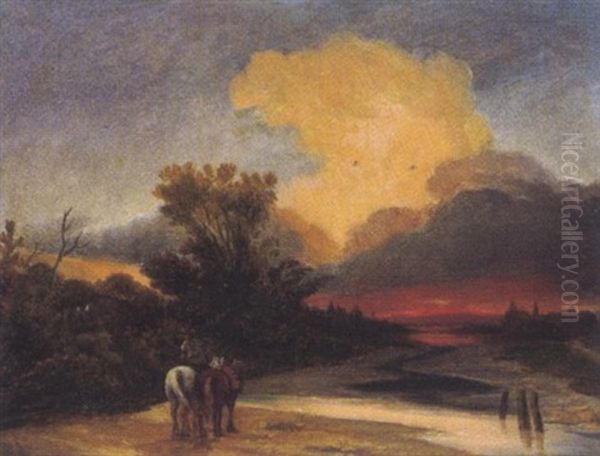 Landschaft Bei Sonnenuntergang Mit Figurlicher Staffage - view 1