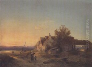 Bauernhaus Im Abendlicht Mit Figurenstaffage Bauernhaus Im Abendlicht Mit Figurenstaffage