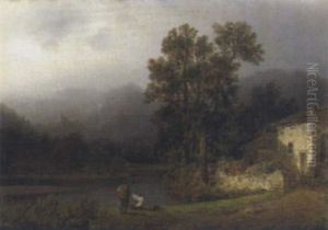 Idyllische Fluslandschaft Mit Figurlicher Staffage