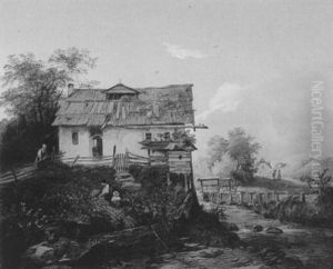 Bauernhaus In Einer Flusslandschaft by Ignaz Raffalt