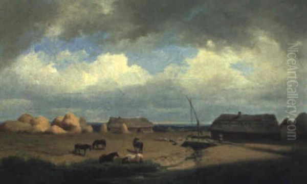 Landliches Motiv Mit Strohgedeckten Hausern Und Pferden - view 1