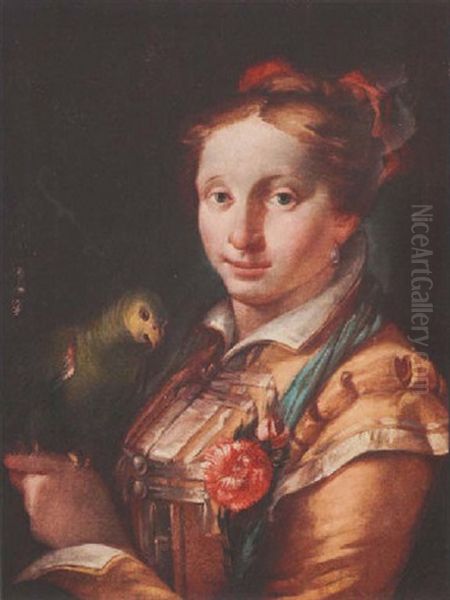 A Young Lady Holding A Parrot - view 1