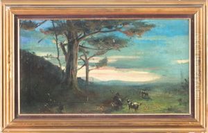 Paesaggio Al Tramonto Con Pastore E Capre