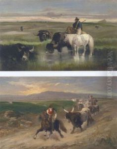 Buffaloes Drinking In The Roman Campagna At Sunset by Giuseppe Raggio