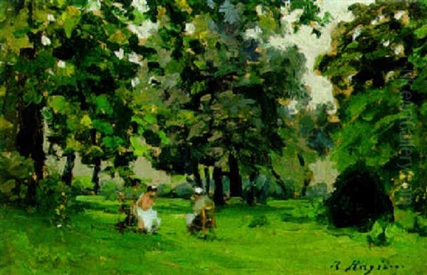 Two Women Knitting In A Park - view 1