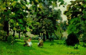 Two Women Knitting In A Park by Raffaele Ragione
