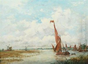 Moored Sailboats With Distant Windmill by Adolphe Ragon