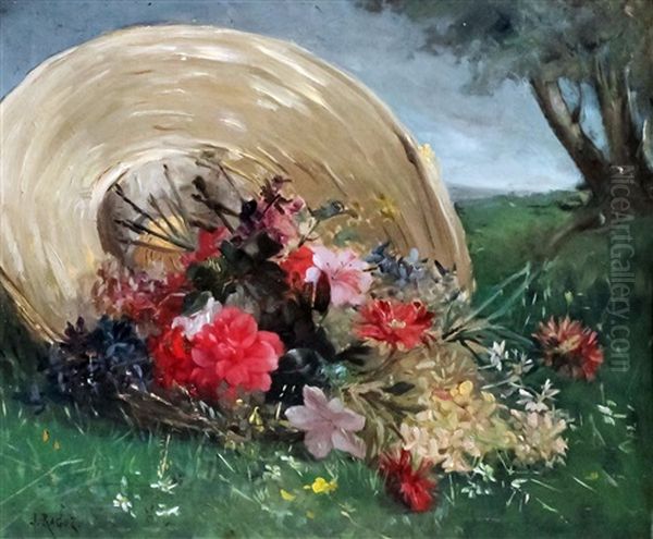 Still Life With Spray Of Mixed Flowers And Straw Hat On A Grassy Bank - view 1