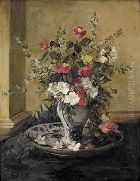 Blumenstillleben Mit Porzellanvase Und Teller - view 1
