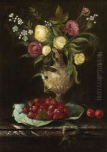 Blumenstillleben Mit Erdbeeren Und Kirschen by Jules Felix Ragot