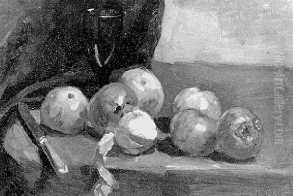 Still Life Of Apples, Knife And Wine Glass On A Table - view 1