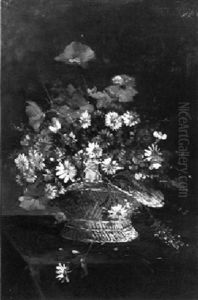 A Still Life With Flowers In A Basket by Jules Felix Ragot