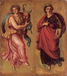 Zwei Musen: Melpomene Mit Der Tragischen Maske Und Kalliope Mit Wachstafel Mit Schreibgriffel Zwei Musen: Melpomene Mit Der Tragischen Maske Und Kalliope Mit Wachstafel Mit Schreibgriffel