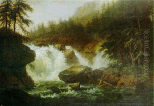 Wooded River Landscape With A Waterfall - view 1
