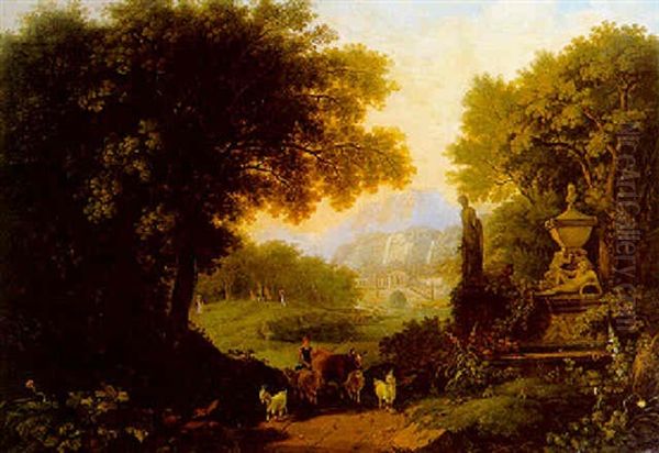 A Classical Landscape With A Drover With Cattle And Goats On A Track By A Fountain - view 1