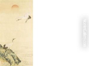 Seashore With Cranes At Sunset (pair)