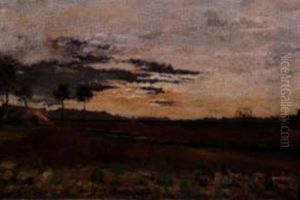 Sunset Over Field With Windmill by Paul Emile Raissiguier