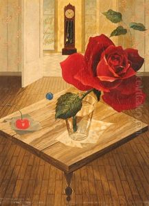 Still Life With Rose (+ Still Life With Pink Rose On A Balcony; Pair) by Ratislaw Rakoff