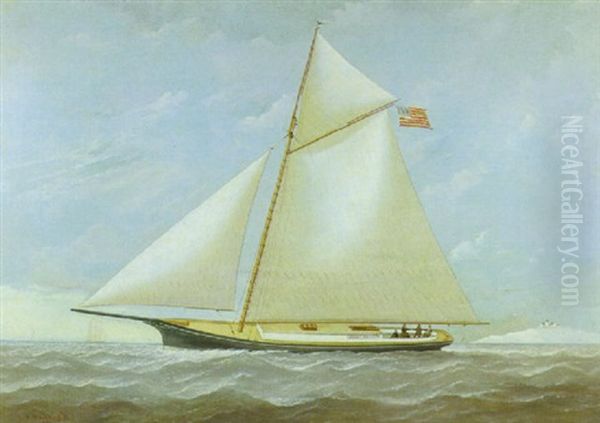 Portrait Of The Young American Yacht "harry Messer" Off An Island And Lighthouse - view 1