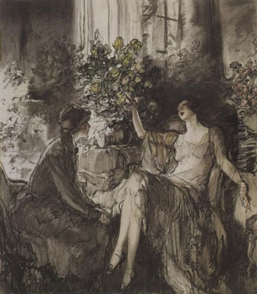 Two Women Seated In Interior, Large Vase Of Yellow Roses - view 1