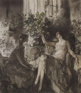 Two Women Seated In Interior, Large Vase Of Yellow Roses by Henry Patrick Raleigh