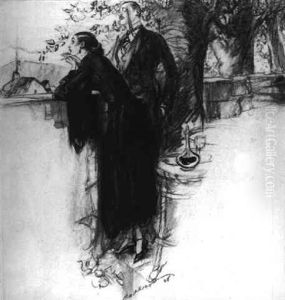 Fashionable Couple Looking Over Garden Wall by Henry Patrick Raleigh