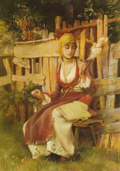 Girl Spinning Wool - view 1