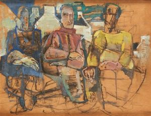 Trois Pecheurs Sur Fond De Village by Ramah (Henri Francois Raemaeker)