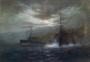 Nachtliches Konvoi, K. U. K. Flotte Im Mondschein (kreuzer Der Admiral Spaun Klasse?)