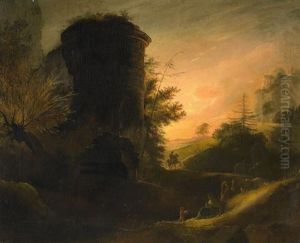 Sonnenuntergang Vor Einer Weiten Landschaft Mit Ruinen Und Figurenstaffage
