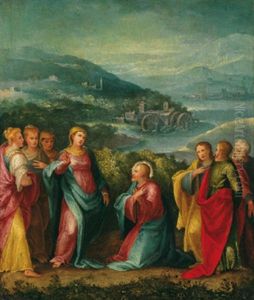 Abschied Christi Von Seiner Mutter In Einer Gebirgigen Flusslandschaft