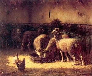 Sheep Watering In A Barn Interior by Jules Ramet