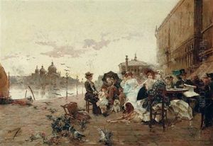 Mujeres Elegantes En Venecia - Elegant Figures Taking Tea Before The Doge's Palace, Venice