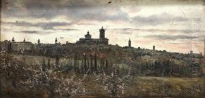Vista De Un Paisaje Con Ciudad Al Fondo Y Almendros En Flor