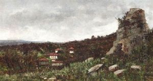 Landschaft In Nordspanien. Bauernhauser In Olivenhainen Am Hang Landschaft In Nordspanien. Bauernhauser In Olivenhainen Am Hang
