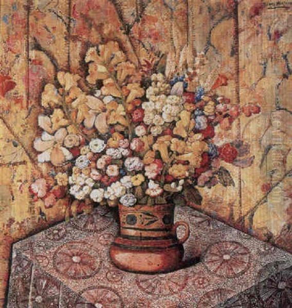 A Mexican Bouquet In A Tan Jug - view 1