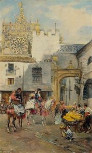 Market Scene With Orange Sellers In Seville by Jose Garcia Ramos