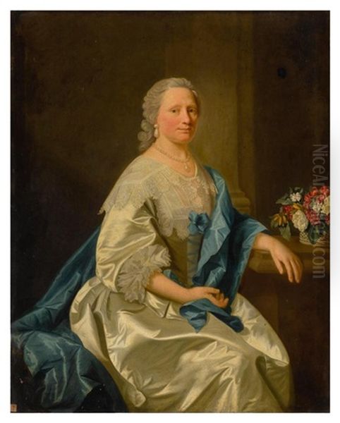 Portrait Of Miss Leighton, Three-quarter Length, Wearing A White Satin Dress And Blue Scarf - view 1