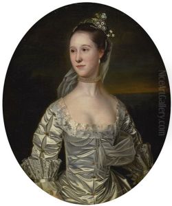 Portrait Of Miss Kimball, Half Length, Wearing A Silver Silk Dress And A Pearled Necklace, With Flowers In Her Hair by Allan Ramsay