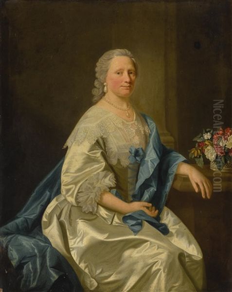 Portrait Of Miss Leighton, Three-quarter Length, Wearing A White Satin Dress And Blue Scarf - view 1