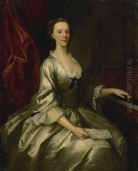 Portrait Of A Lady, Three-quarter Length, Seated At A Harpsichord, Holding A Sheet Of Music - view 1