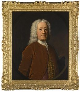 Portrait Of A Gentleman, Possibly Colonel Sir John Walkinshaw Of Barrowfield (1676-1780), Half-length, Wearing A Russet Coloured Coat Over A Pink Waistcoat With An Embroidered Trim by Allan Ramsay