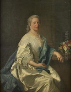 Portrait Of Ann Leighton, Three-quarter-length, In A White Dress And Blue Wrap, Seated Before A Basket Of Flowers by Allan Ramsay