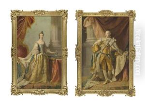 Portrait Of King George Iii (1738-1820), Full-length, In Coronation Robes, His Crown On A Cushion On A Table Beside Him; And Portrait Of Queen Charlotte (1744-1818), Full-length, In Coronation Robes by Allan Ramsay