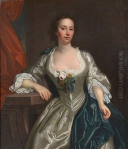 Anna Sneyd, Three-quarter Length Wearing A White Satin Dress Trimmed With Lace And A Green Velvet Sash